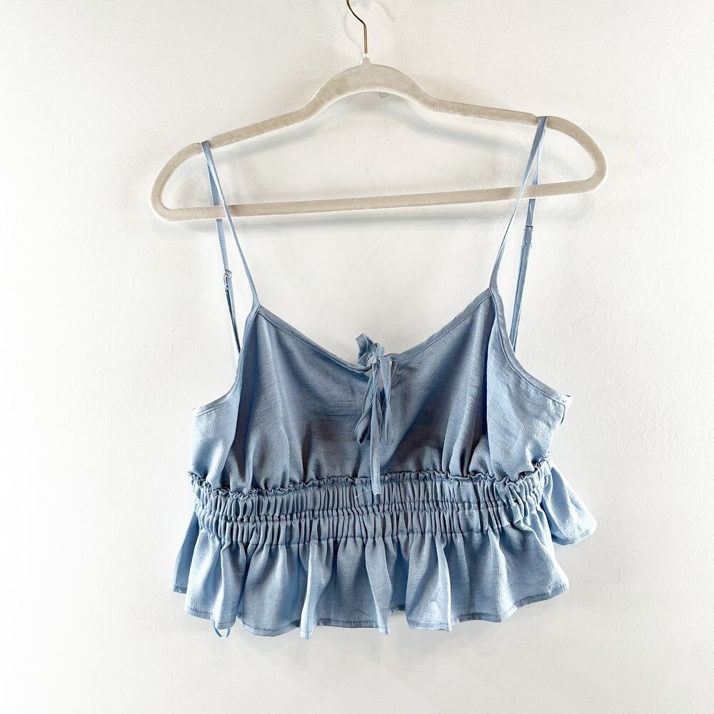 SeaShell Satin Cropped Peplum Ruffle Tank Top Blue Large - Picture 2 of 5